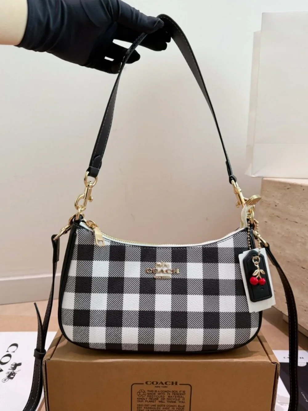 coach Emily Shoulder Bag With Gingham Print And Charm